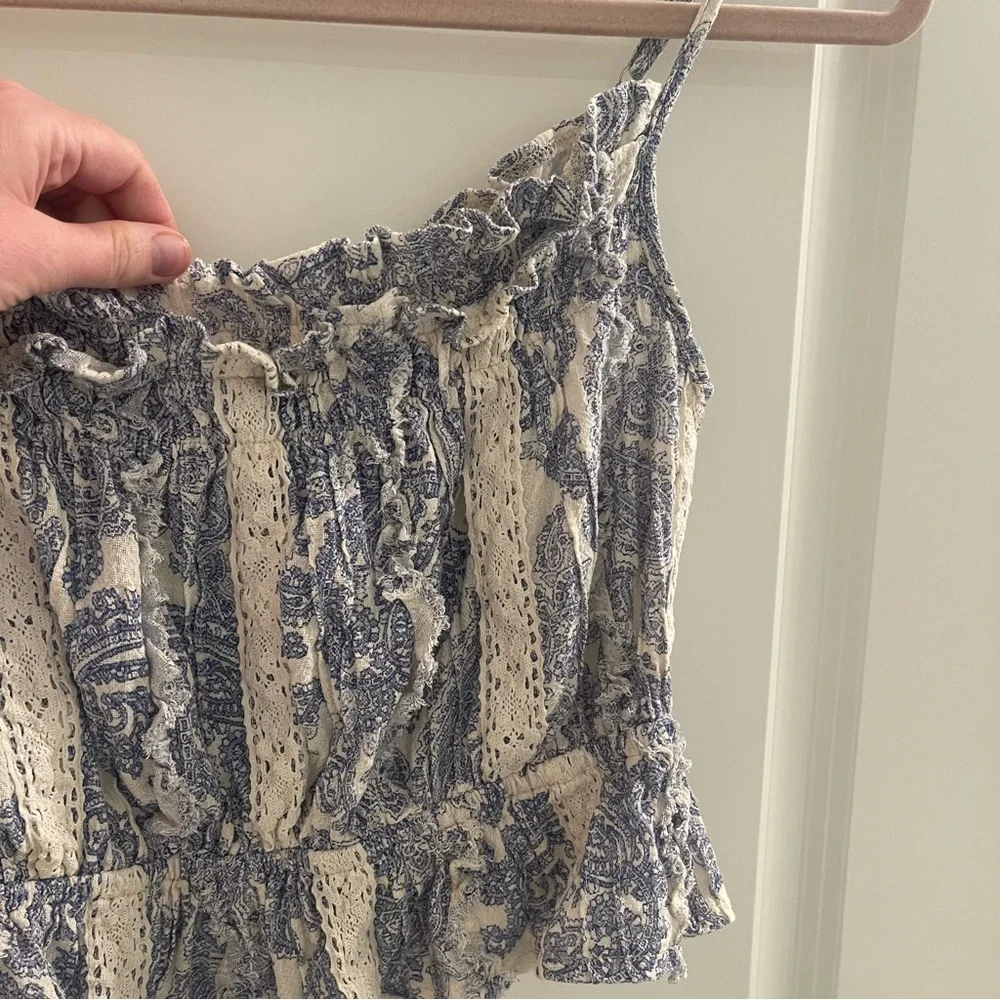 Olivaceous Blue & White Ruffled Smocked Paisley Cami - Picture 3 of 7